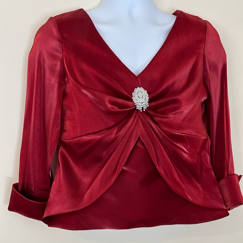 Cache & Co. Red Embellished Ruched 3/4 Sleeve Blouse